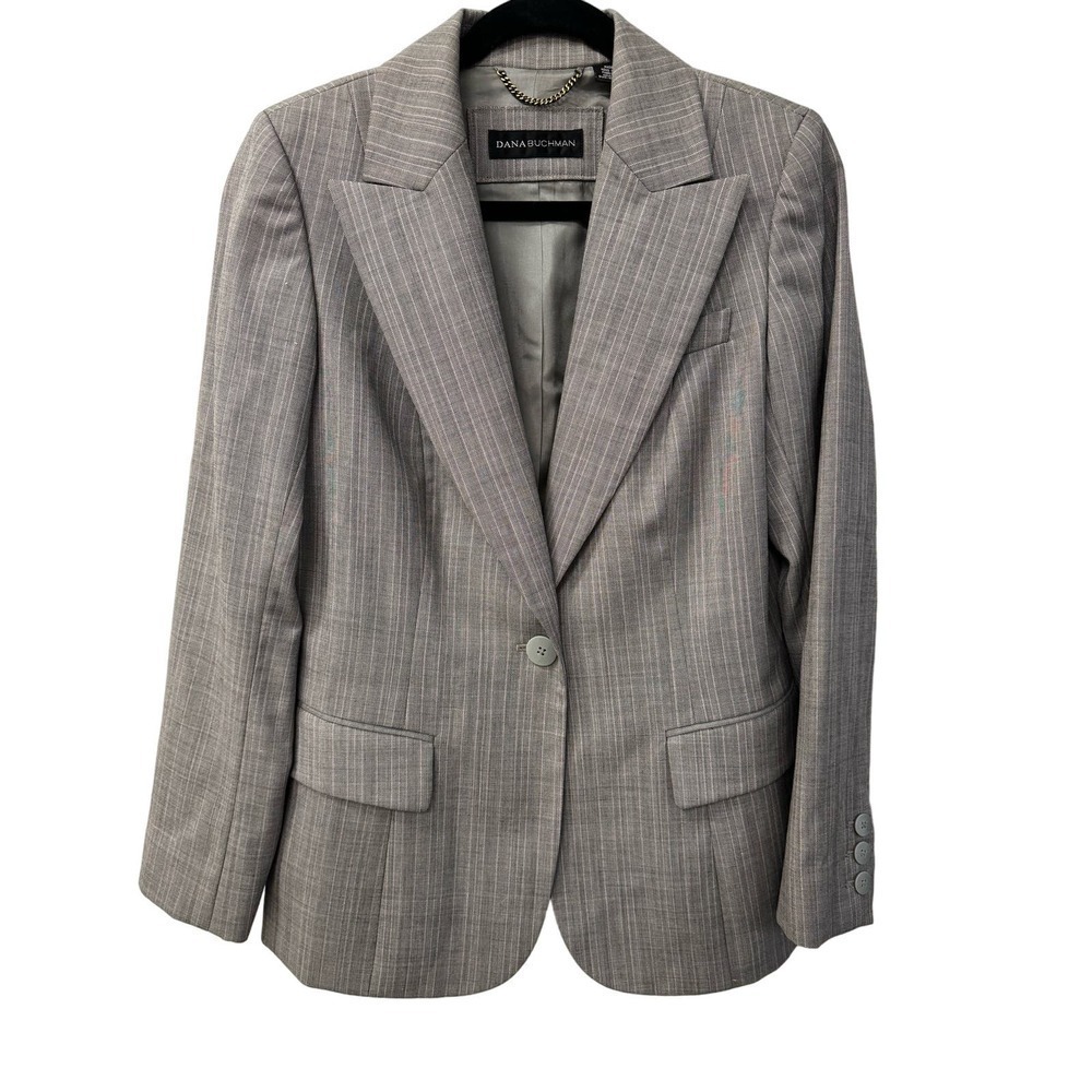 Dana Buchman Wool Gray Pink Pinstriped Single Breaster Blazer Size 8